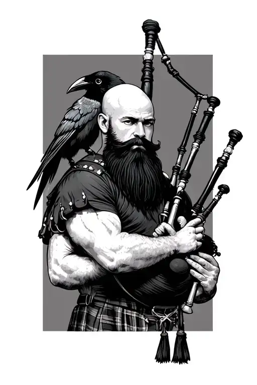bald bagpiper with black beard with crow featherd muscular body with a mans head and hands playing blackbagpipes tattoo design idea