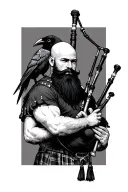 bald bagpiper with black beard with crow featherd muscular body with a mans head and hands playing blackbagpipes tattoo design idea