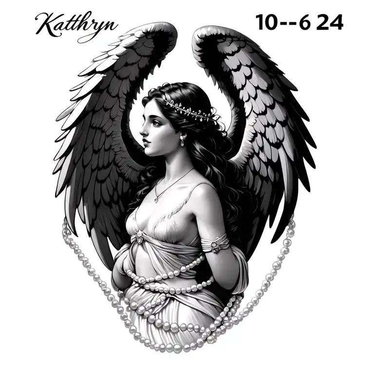 the name Kathryn, the date 10-6-24, angel wings wrapped, and a string of pearls. tattoo design idea