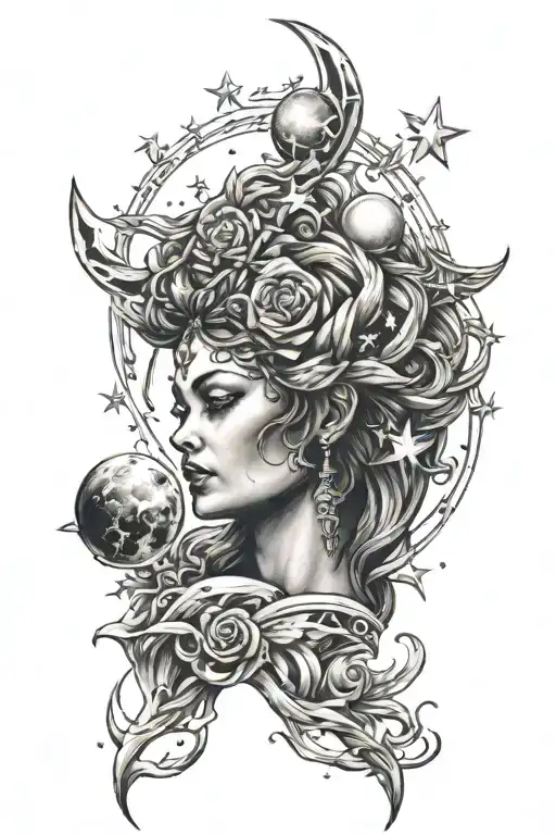 goddess nyx, stars and moon tattoo design idea