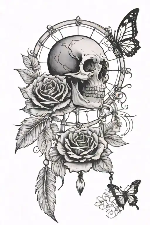Dreamcatcher with skull and roses and butterflies  tattoo design idea
