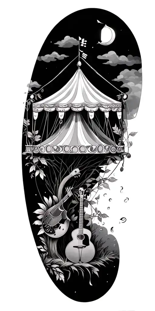 An intricate design of a circus tent intertwined with musical instruments and nature elements tattoo design idea