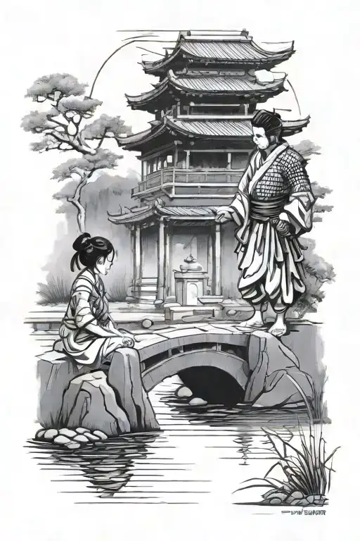 Samurai watching over a young girl while she looks into a small pond. a Bridge in the background and Japanese temple tattoo design idea