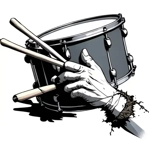 torn bandaged hand holding drumsticks hitting a snare drum tattoo design idea