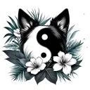 white and black dog yin yang with tropical flowers behind it tattoo design idea