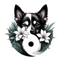 white and black dog yin yang with tropical flowers behind it tattoo design idea