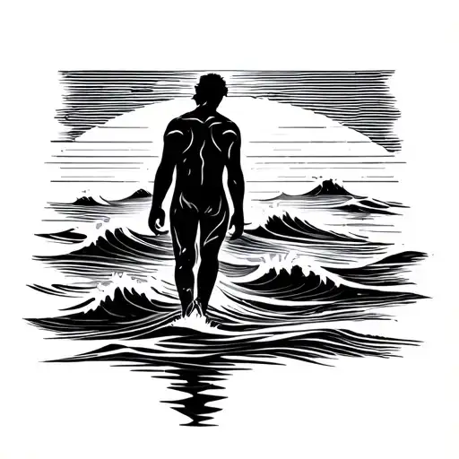 fine line tattoo, lone figure walking on calm ocean waves, abstract flowing lines, infinite horizon, minimalist, timeles tattoo design idea