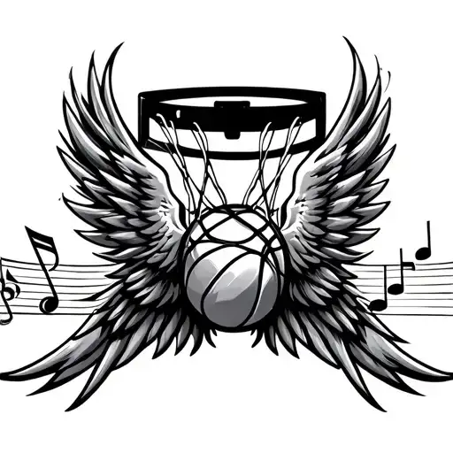 basketball hoop music notes wings tattoo design idea