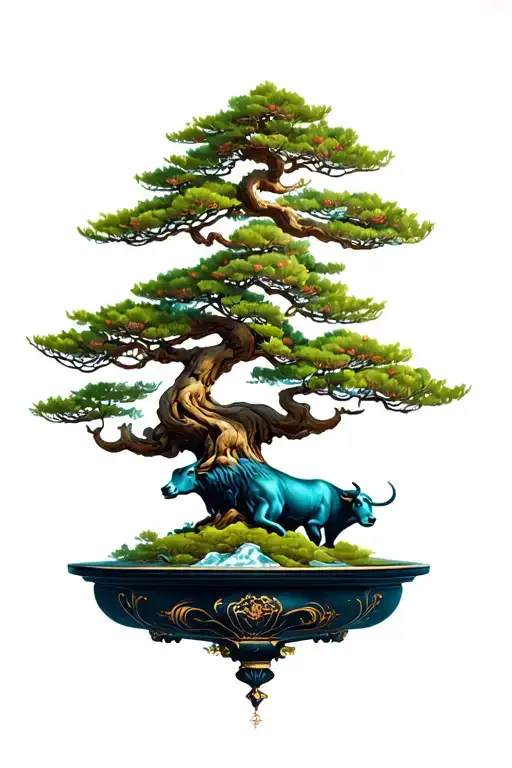 bull, otoslan, bonsai tree tattoo design idea