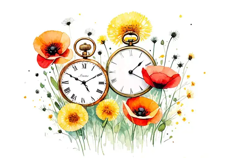 two timepieces surrounded by poppies and dandelions tattoo design idea