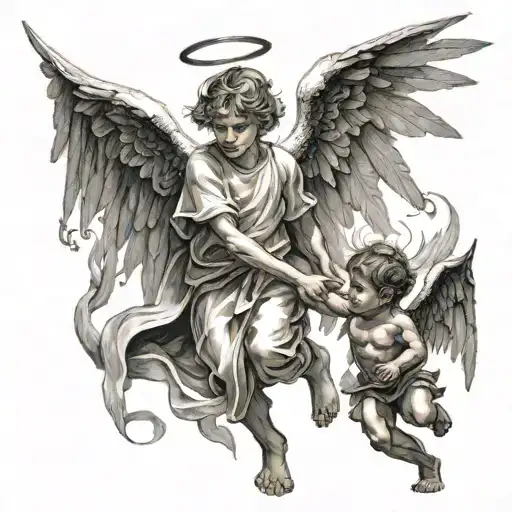  Angel Protecting Little Boy From devil and Demons Trying To kill him tattoo design idea