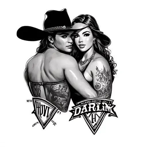 Black and grey tattoo with HOWDY on the back left thigh and DARLIN on the back right thigh with cowboy leaning against H tattoo design idea