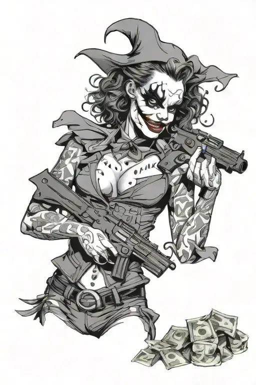 joker very sexy girl holding guns money drugs tattoo design idea