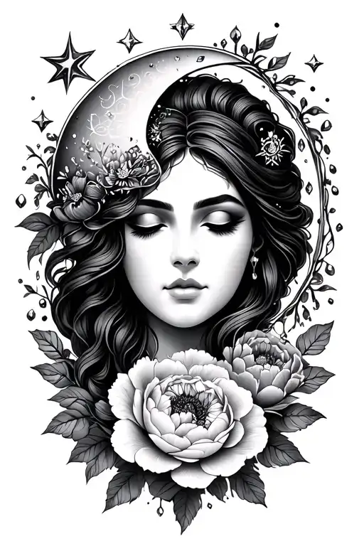 fine line crescent moon and stars over goddess face with peonies and flowers, filigree and crystals tattoo design idea