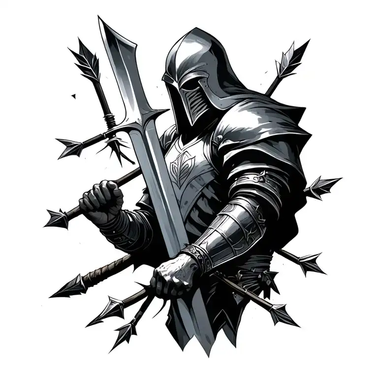 Injured knight holding a broken sword, piereced by arrows tattoo design idea