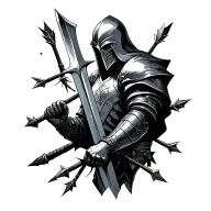 Injured knight holding a broken sword, piereced by arrows tattoo design idea