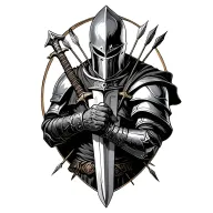 Injured knight holding a broken sword, piereced by arrows tattoo design idea