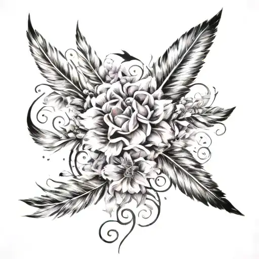 birthflowers with feather and birds flying away in shape of infinity  tattoo design idea