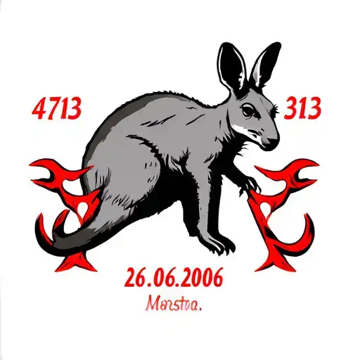 4713 with red boomerangs on the both sides of the 4 and 3 and then add 26.06.2006 in Roman numerals then add kangaroo  tattoo design idea