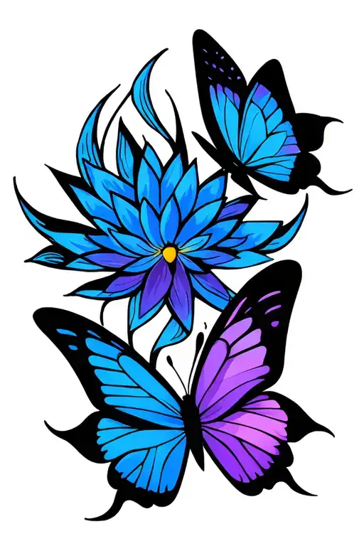 Red butterflies with blue and purple lotus flowers tattoo design idea