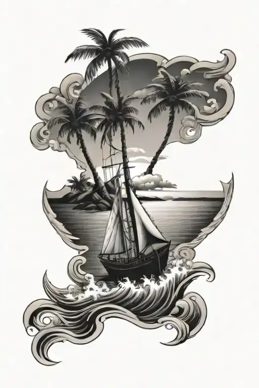 man tattoo shoulder sea waves sailing boat palms island tattoo design idea