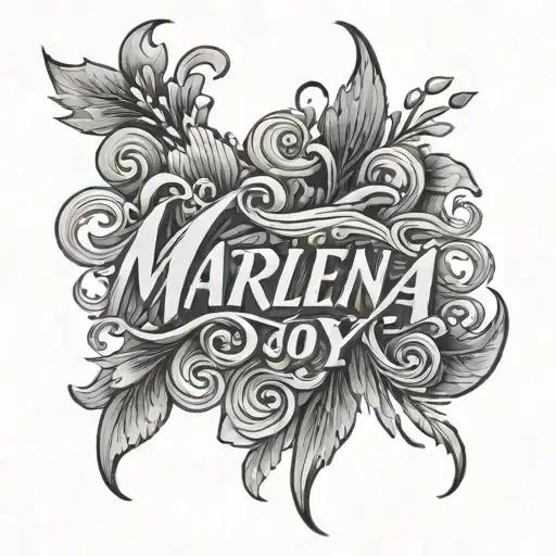 the name marlena joy in bold cursive with r around it the judgement tattoo design idea