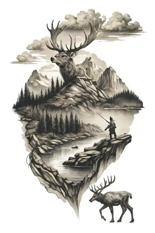 a deer and a fisherman in mountains panorama tattoo design idea