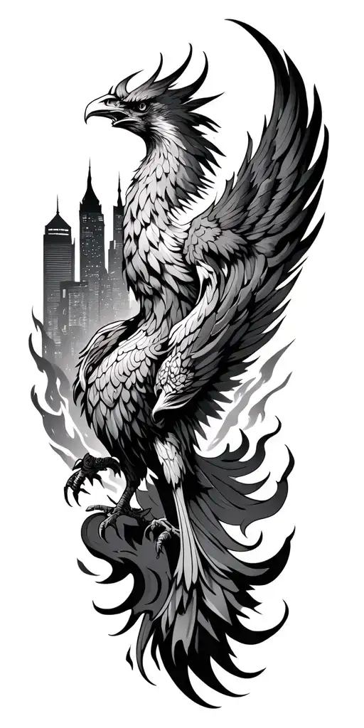 Phoenix with a city a flame and fire tattoo design idea