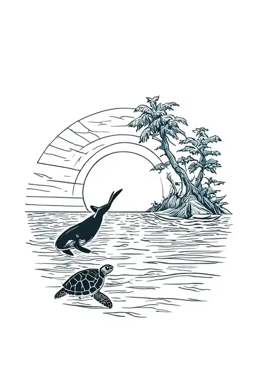 Sunset on the sea with a sea turtle and a whale in front of a traveler's tree and a straw-in-queue tattoo design idea