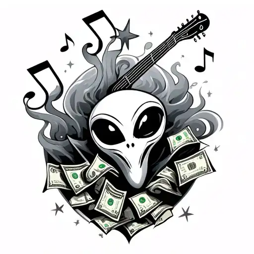 music notes, money, stars, smoke, aliens, love tattoo design idea