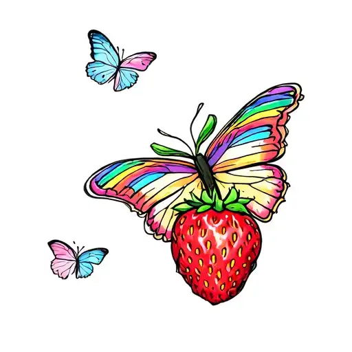 rainbow, butterfly, strawberry tattoo design idea