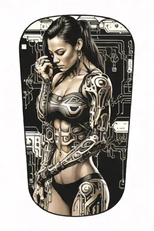aesthetic bodybuilder muscular women with technology circuits vectors board merging tattoo design idea