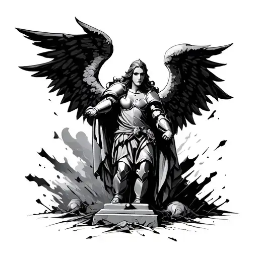 An angel with armor that breaks a tombstone tattoo design idea