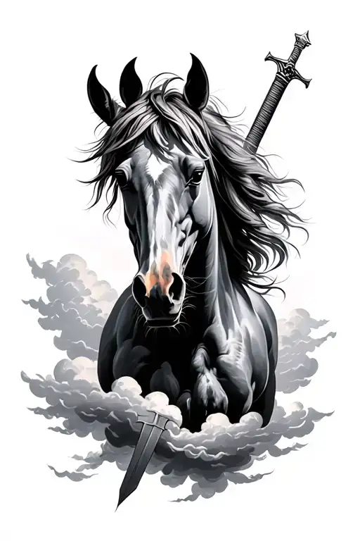 horse black and white tattoo masculine half sleeve with clouds and a sword tattoo design idea