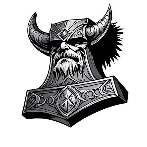 3d mjolnir tattoo with odin head on top tattoo design idea