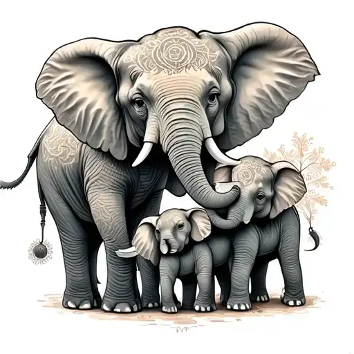 mom elephant & 3 babies all holding hands tattoo design idea