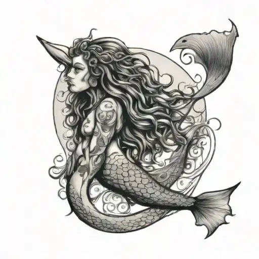 dolphin mermaid with dreadlock merman under moon tattoo design idea
