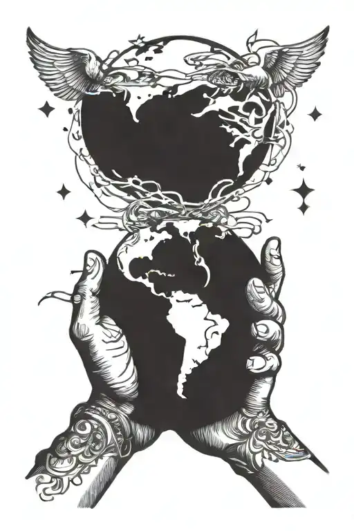 hands holding earth with text below it saying the world is yours. lots of black shading  tattoo design idea