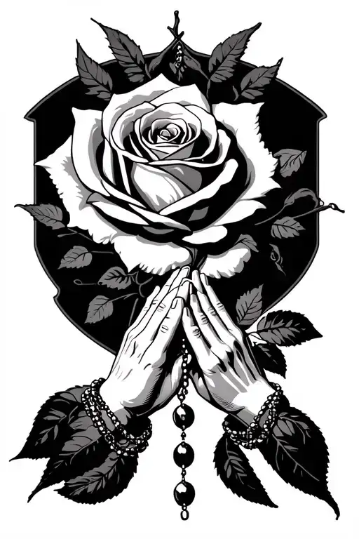 a rose, above a murcielago and down two hands praying with a rosary tattoo design idea