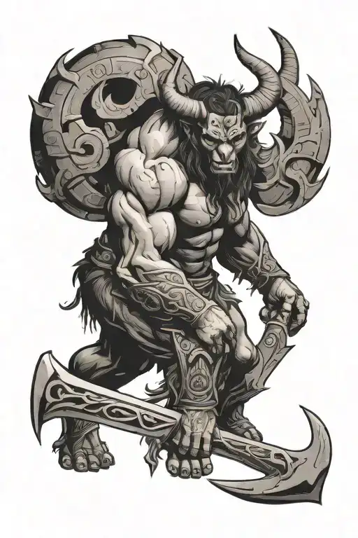 minotaur full body with knives tattoo design idea