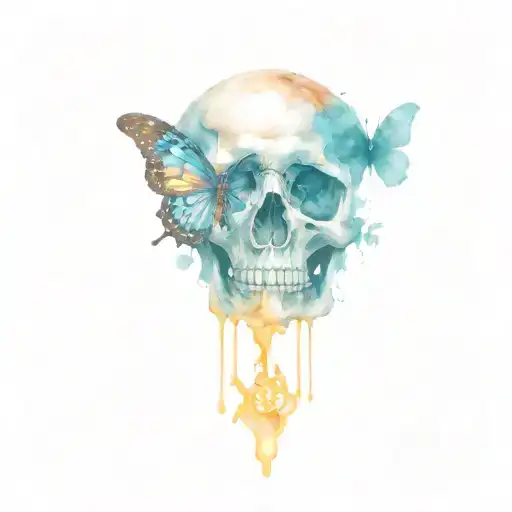 skull and butterfly and clock melting tattoo design idea