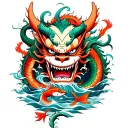 traditional Japanese arm sleeve tattoo incorporating a large oni mask, water, fish, sea serpent dragons. tattoo design idea