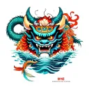traditional Japanese arm sleeve tattoo incorporating a large oni mask, water, fish, sea serpent dragons. tattoo design idea
