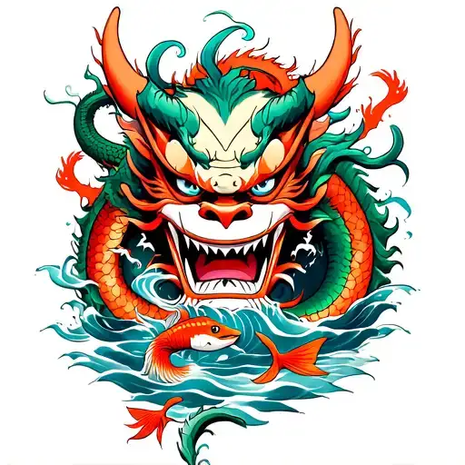traditional Japanese arm sleeve tattoo incorporating a large oni mask, water, fish, sea serpent dragons. tattoo design idea