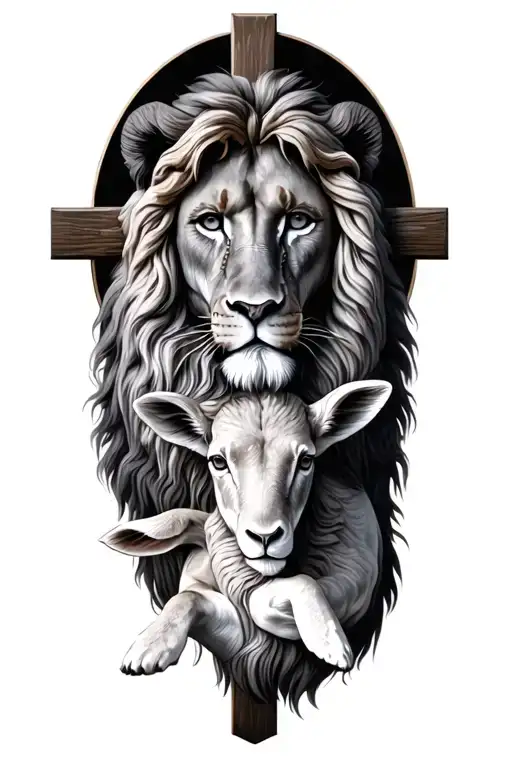 Jesus, Cross, Lion of Judah and Lamb laying together tattoo design idea