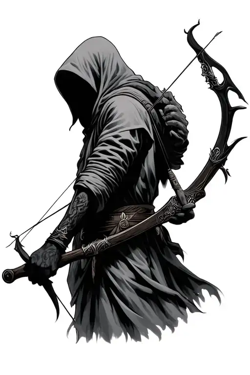 hooded figure with no face and holding a bow with one hand and quiver on back tattoo design idea