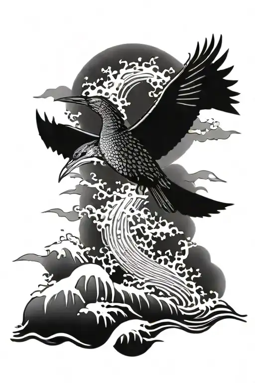 cormorant flying over a great Japanese wave tattoo design idea