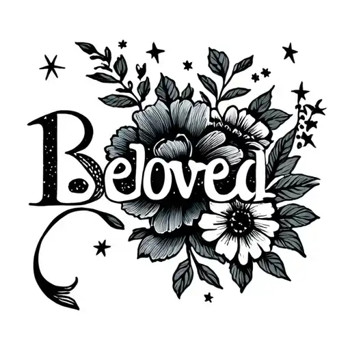 the word "Beloved," with stars and/or flowers tattoo design idea
