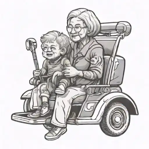 grandma drivong a car with her grandaughter in a carseat in the back seat tattoo design idea