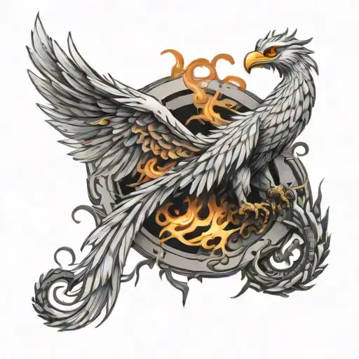 white phoenix with flames next to a dragon flying tattoo design idea